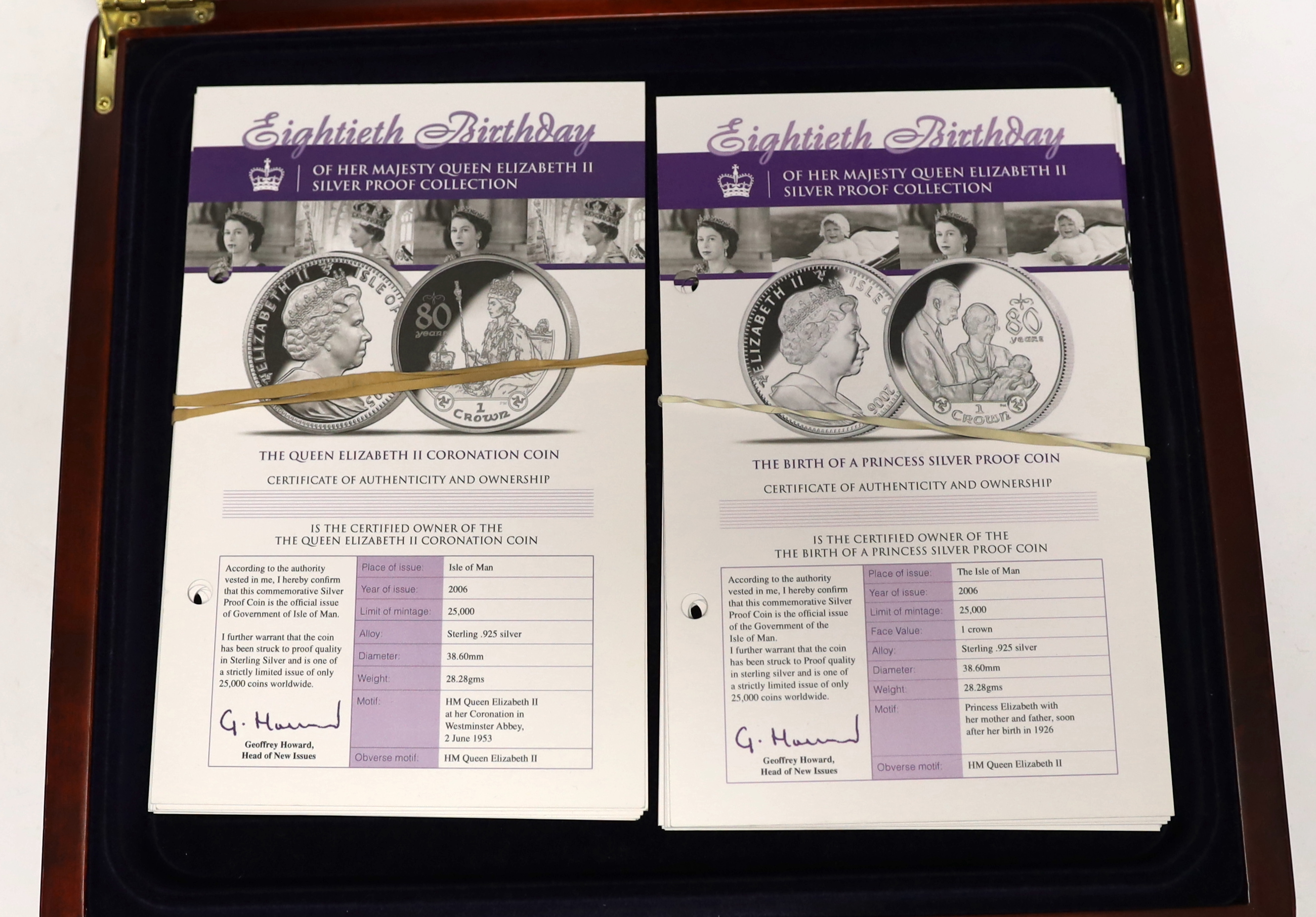 Eightieth Birthday of her Majesty Queen Elizabeth II silver proof collection coins 2006, for British Virgin Islands, South Georgia, Republic of Sierra Leone, Seychelles, Liberia, etc, each 28.28g sterling silver